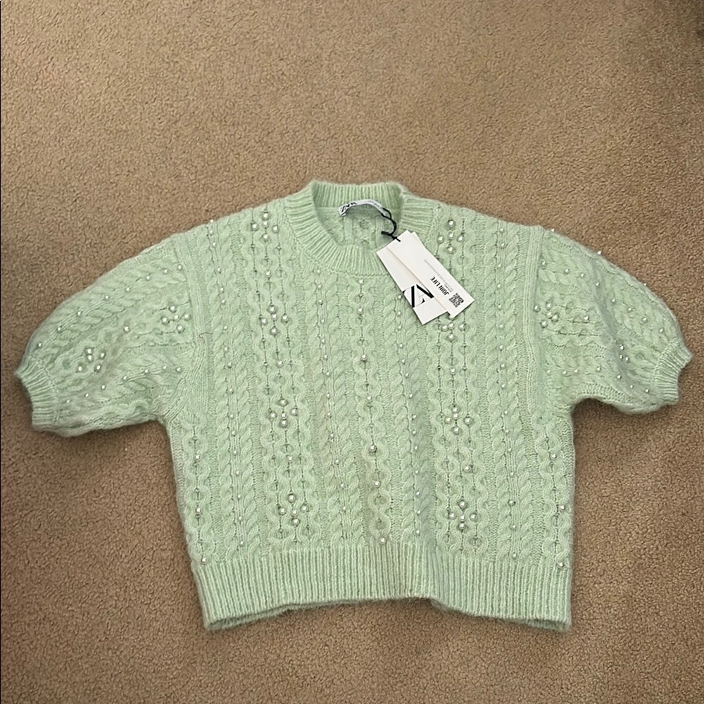 NEW WITH TAGS Zara Mint Cable Knit Sweater With Pearls
